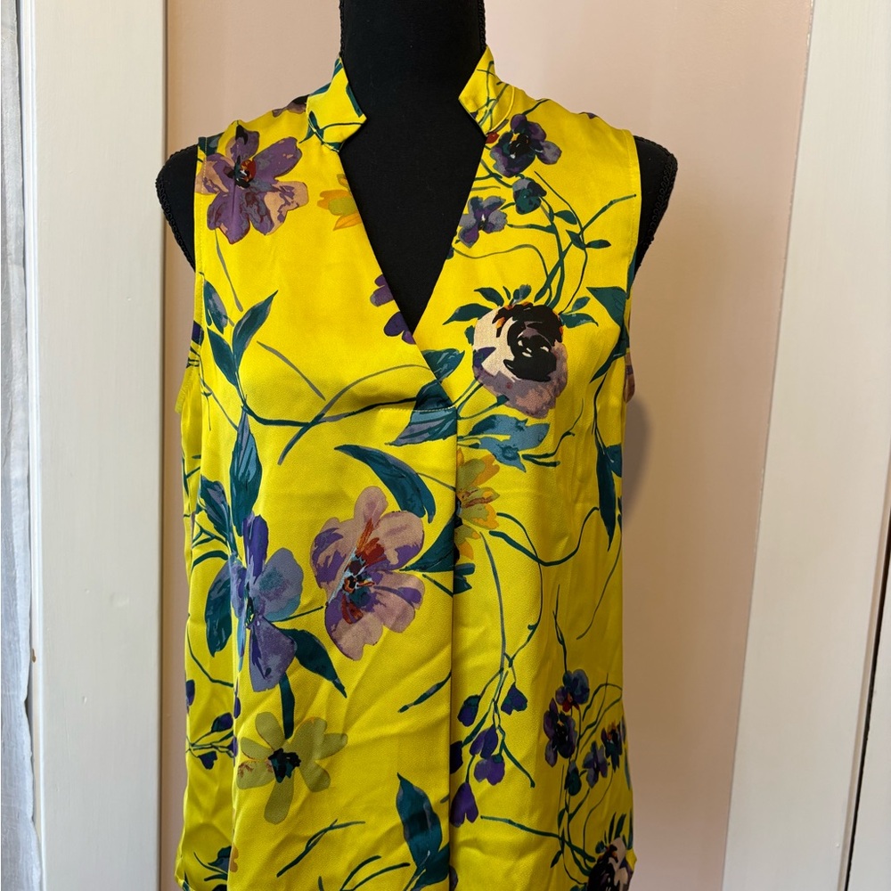 CAbi Yellow Floral Button-Front Blouse with Purple Accents